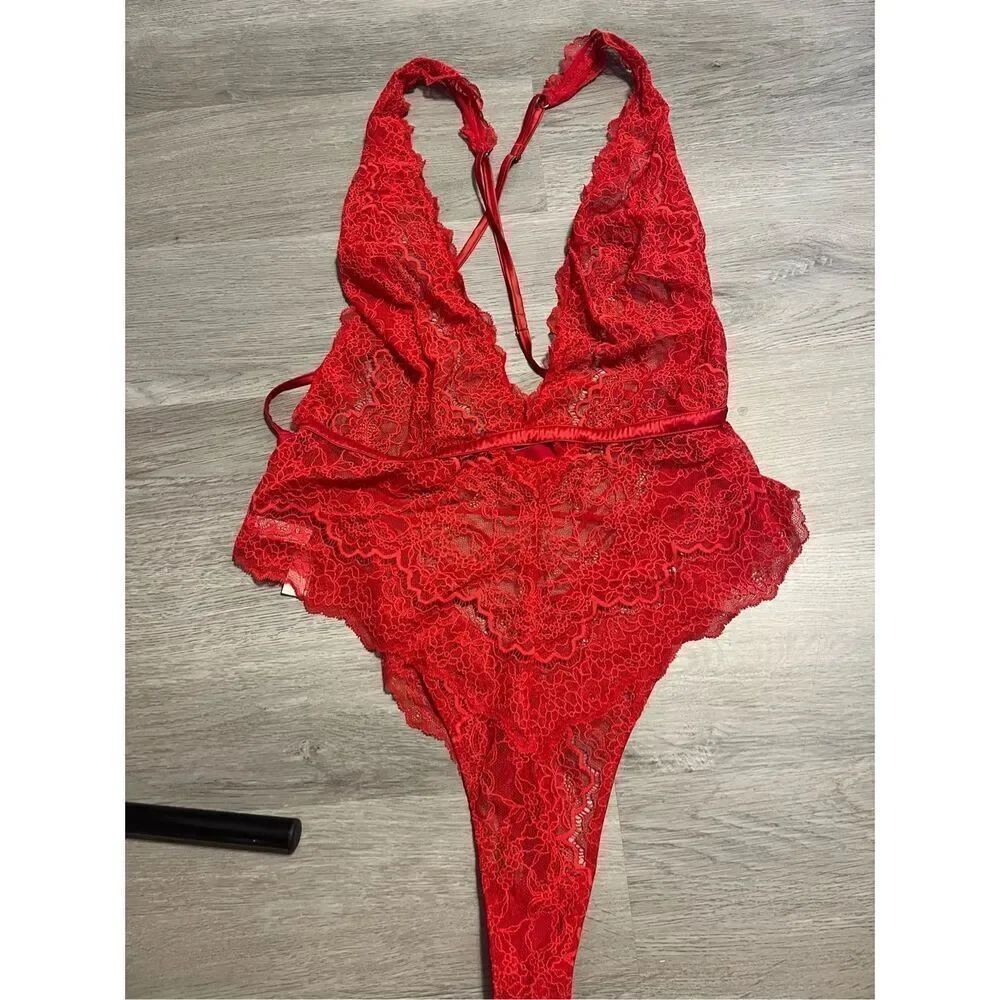 Victoria’s Secret Red Strappy Lace High Leg Bodysuit Sz 2XL